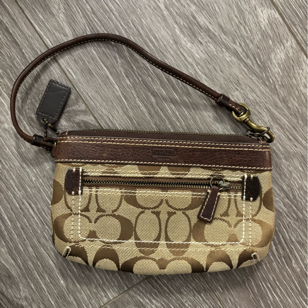 Coach Signature Brown and Cream Wristlet
